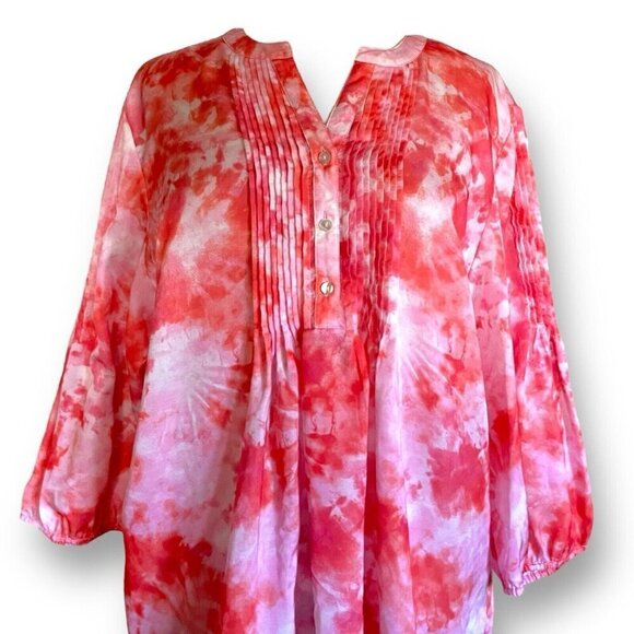 Chicos Womens Tunic Top Sz 3 XL 16 18 Pink Orange Tie Dye Pintucked Blouse Boho - Picture 2 of 7
